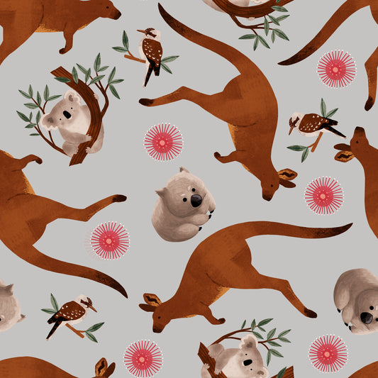 Aussie Friends by Victoria Barnes Aussie Animals Tossed Lt Gray    2093-90 Cotton Woven Fabric