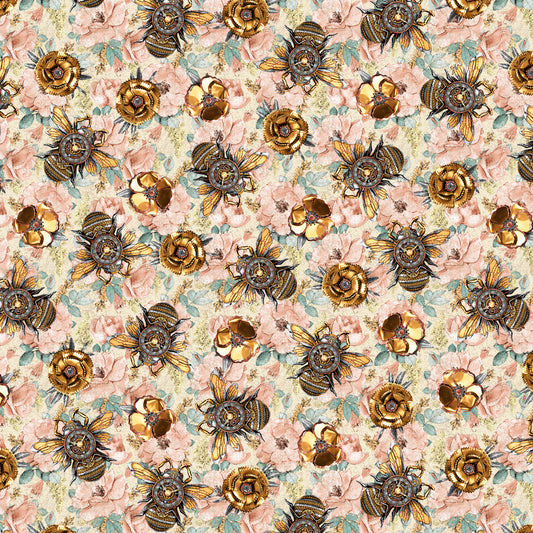 Time Travel by Urban Essence Designs Bees on Flowers Pink 3009-22 Cotton Woven Fabric