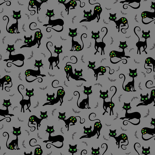 Trick or Treat Black Cat Crossing Grey CX10331-GRAY Cotton Woven Fabric