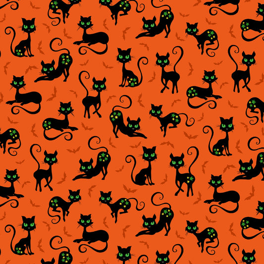 Trick or Treat Black Cat Crossing Orange CX10331-ORAN Cotton Woven Fabric
