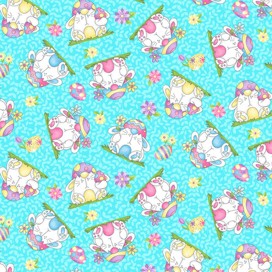 Hoppy Easter Gnomies by Shelly Comiskey Bunnies Tossed Blue    561-11 Cotton Woven Fabric