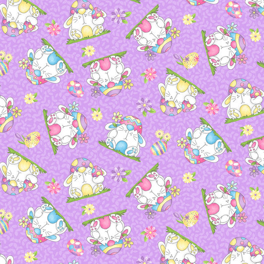 Hoppy Easter Gnomies by Shelly Comiskey Bunnies Tossed Lavender    561-55 Cotton Woven Fabric