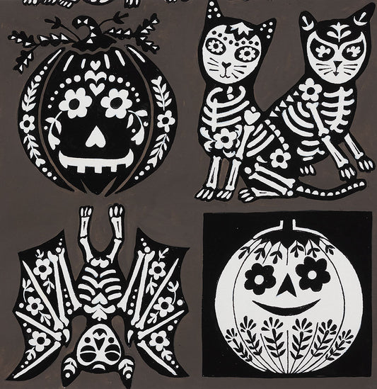Haunted House  Calavera Cat Charcoal     8960c Cotton Woven Fabric