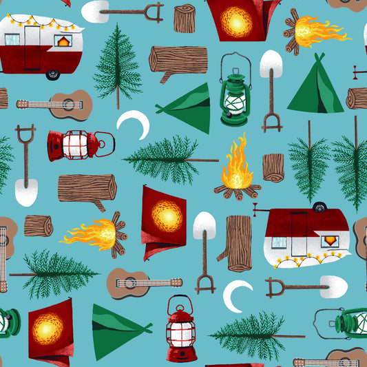 Beneath the Stars by Grace Pop Camping Icons Light Blue    6841-11 Cotton Woven Fabric