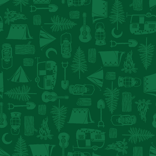 Beneath the Stars by Grace Pop Camping Icons Tone on Tone Forest Green    6846-66 Cotton Woven Fabric