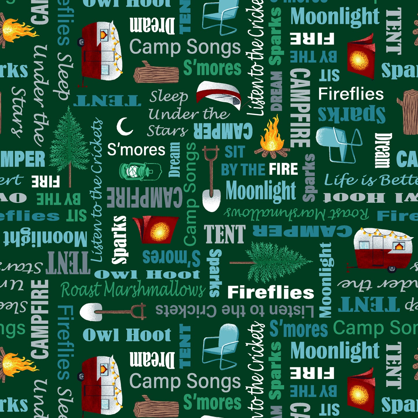 Beneath the Stars by Grace Pop Campsite Words Forest Green    6847-66 Cotton Woven Fabric
