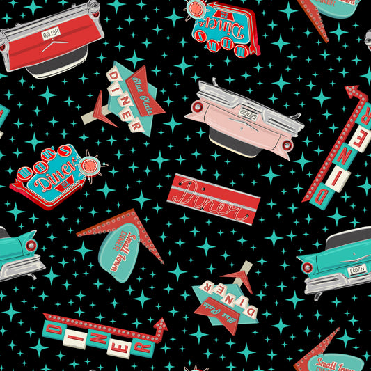 Diners & Drive-Ins By Jen Bucheli Cars & Diner Signs Black    2423-99 Cotton Woven Fabric