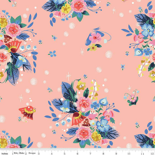 Down the Rabbit Hole by Jill Howath Caterpillar Floral Coral    C12941-CORAL Cotton Woven Fabric