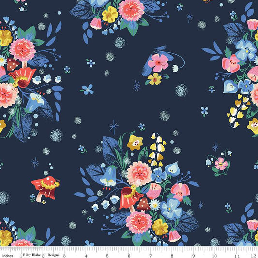 Down the Rabbit Hole by Jill Howath Caterpillar Floral Navy    C12941-NAVY Cotton Woven Fabric