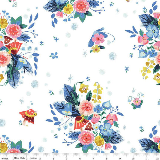 Down the Rabbit Hole by Jill Howath Caterpillar Floral White    C12941-WHITE Cotton Woven Fabric