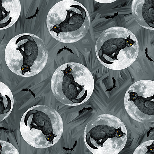 Halloween Countdown by Urban Essence Designs Cats in Moons Dark Grey Glow in the Dark 2252G-95 Cotton Woven Fabric