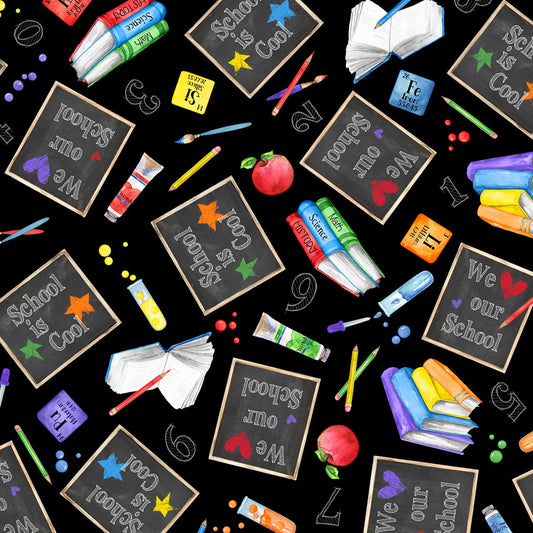 School is Cool by Nancy Mink Chalkboard Allover Black 33873-995 Cotton Woven Fabric