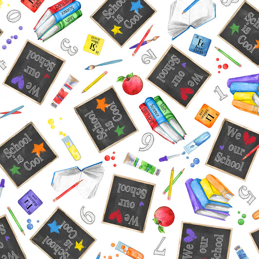 School is Cool by Nancy Mink Chalkboard Allover White 33873-195 Cotton Woven Fabric