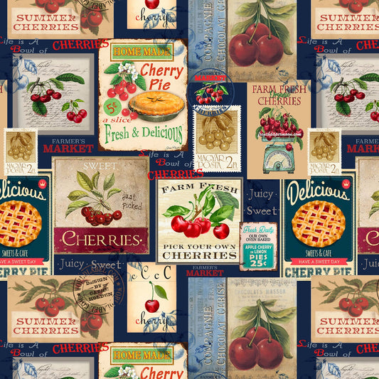 Cherry Pie Cherry Signs And Cherry Pie Stamps Navy     CD1541-NAVY Cotton Woven Fabric
