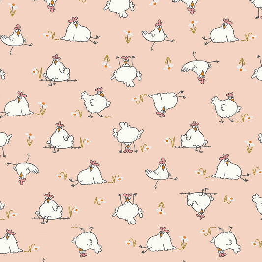 Cluck Cluck Bloom by Teresa Magnuson Chickens Coral Y3792-38 Cotton Woven Fabric