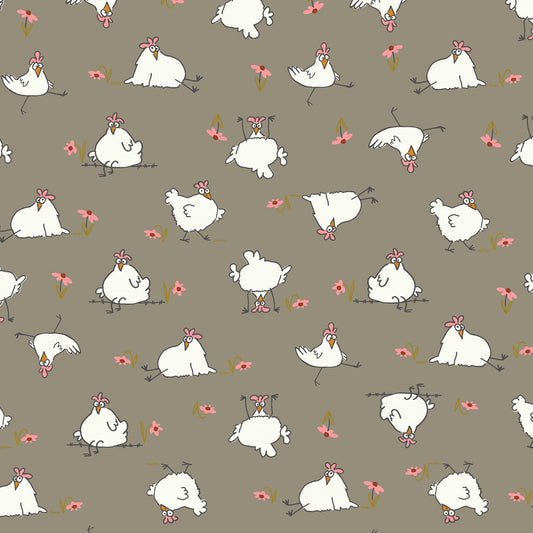 Cluck Cluck Bloom by Teresa Magnuson Chickens Taupe    Y3792-62 Cotton Woven Fabric