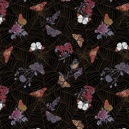Bones Collection by Melissa Wang Cobwebs and Moths Black    7115-99 Cotton Woven Fabric