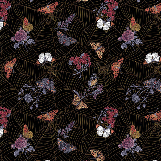 Bones Collection by Melissa Wang Cobwebs and Moths Black 7115-99 Cotton Woven Fabric