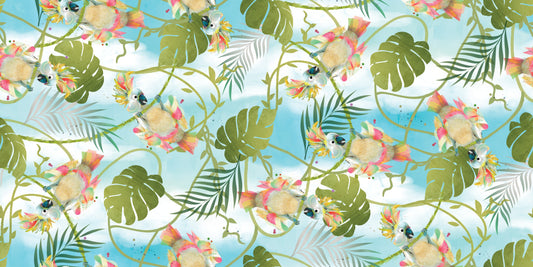 Tropicolor Birds Digital by Connie Haley Cockatoo Toss Blue 19376-BLU-CTN-D Cotton Woven Fabric