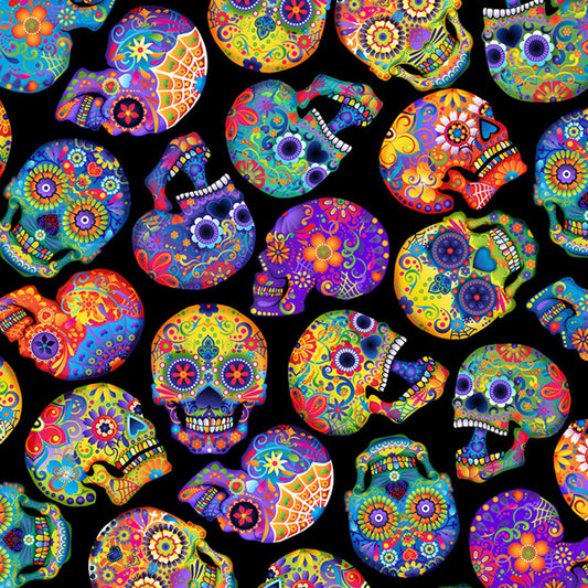 Day of the Dead Colorful Skulls Black    C1209-BLACK Cotton Woven Fabric