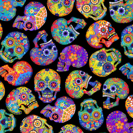 Day of the Dead Colorful Skulls Black C1209-BLACK Cotton Woven Fabric