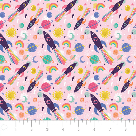 Magical Space Cosmic Rocket Light Pink 50211004-01 Cotton Woven Fabric