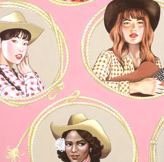 Nicole's Prints Country Girl Pink (Diameter of circle with Asian cowgirl is 6" top to bottom) 9039C Cotton Woven Fabric