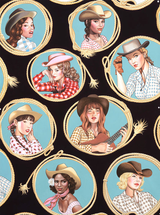 Nicole's Prints Country Girl Plum (Diameter of circle with Asian cowgirl is 6" top to bottom) 9039A Cotton Woven Fabric