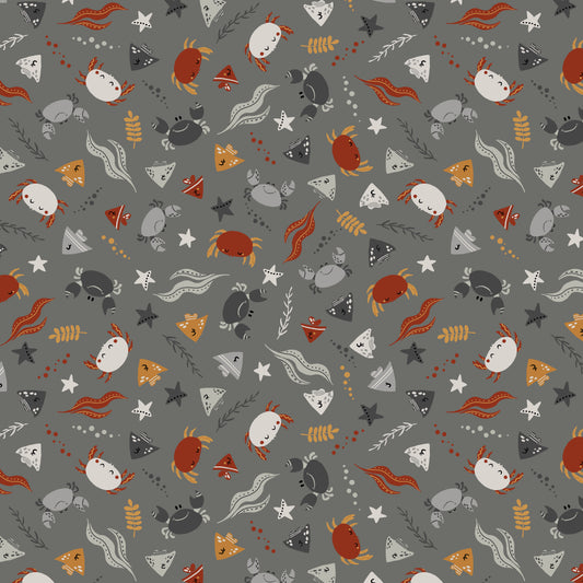 Water Babies by Sugarly Designs Crabs and Fish Allover Charcoal    6686-98 Cotton Woven Fabric