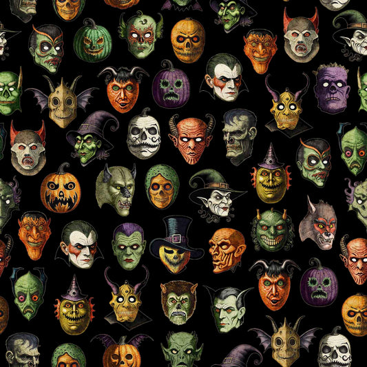 Creepsville by Morris Creative Group Creepy Face Allover Black    30204J Cotton Woven Fabric