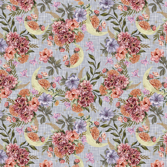 Midnight Rendezvous by Raquel Maciel Crescent Moons with Flowers Light Purple 2896-50 Cotton Woven Fabric