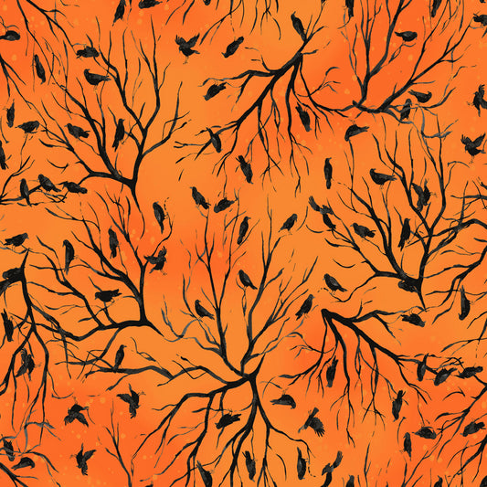 PREORDER ITEM - EXPECTED MAY 2024: Toil & Trouble by Heatherlee Chan Collection Crows Orange    Y4160-36 Cotton Woven Fabric