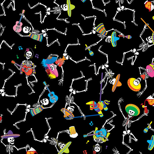 Day of the Dead Dancing Skeletons Black C1208-BLACK Cotton Woven Fabric