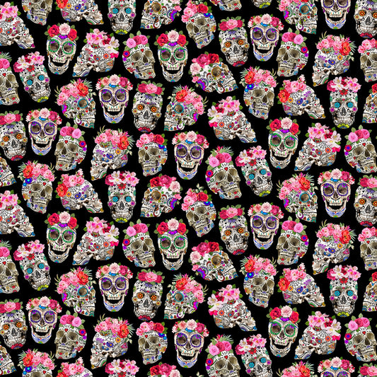 Esperanza Day Of The Dead Skulls With Flower Crowns Black CD1583-BLACK Cotton Woven Fabric