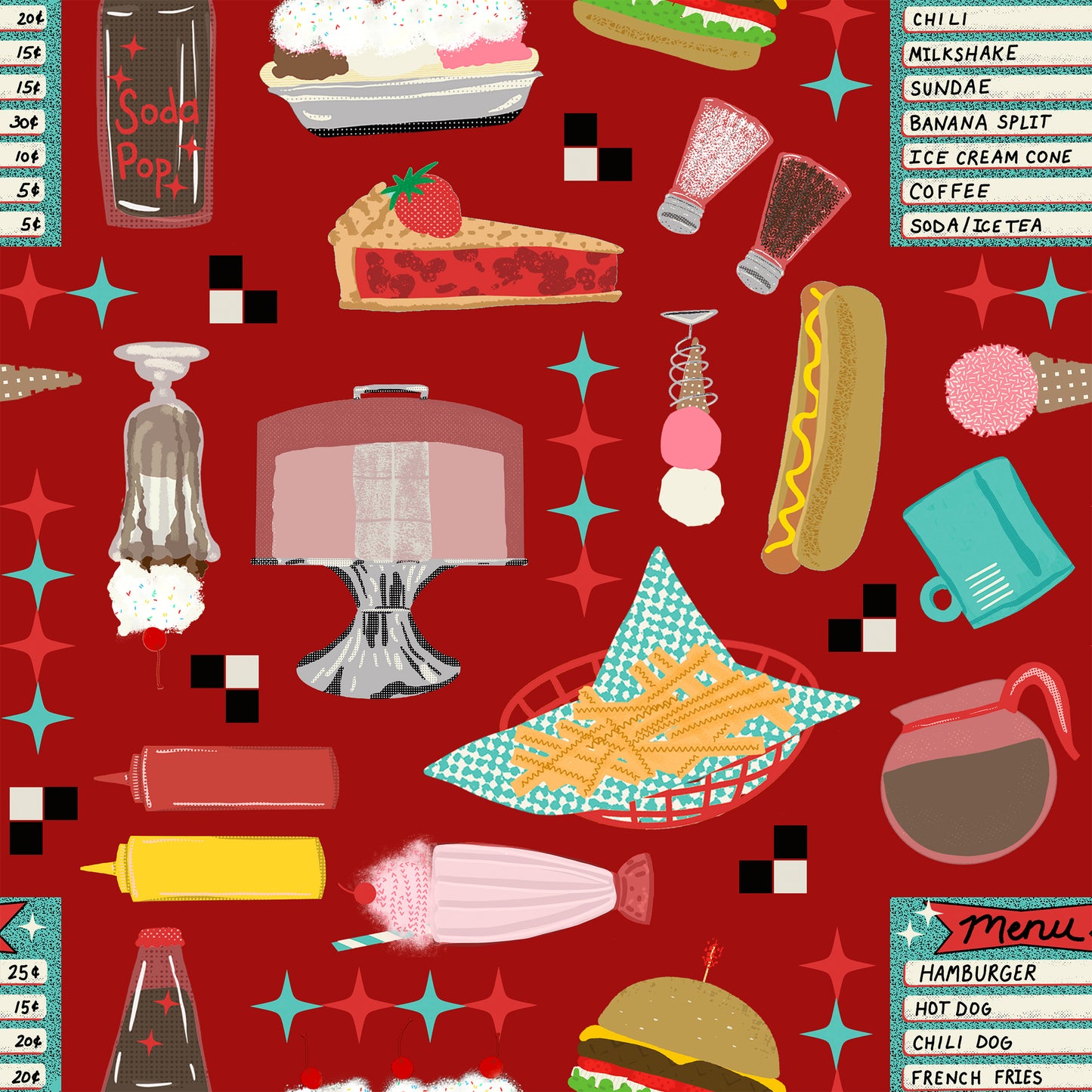 Diners & Drive-Ins By Jen Bucheli Diner Foods Red    2421-88 Cotton Woven Fabric