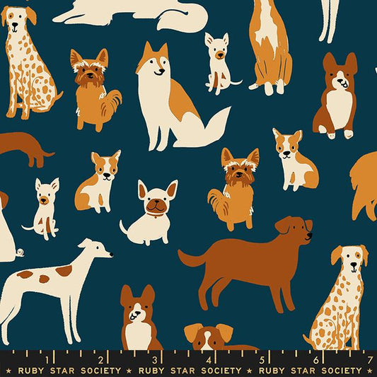 PREORDER ITEM - EXPECTED MAY 2024: Dog Park by Sarah Watts of Ruby Star Society Dog Medley Teal Navy    RS2094-13 Cotton Woven Fabric