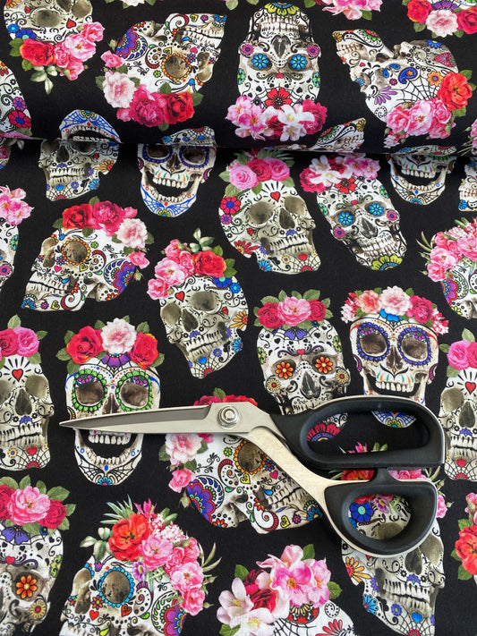 Esperanza Day Of The Dead Skulls With Flower Crowns Black    CD1583-BLACK Cotton Woven Fabric