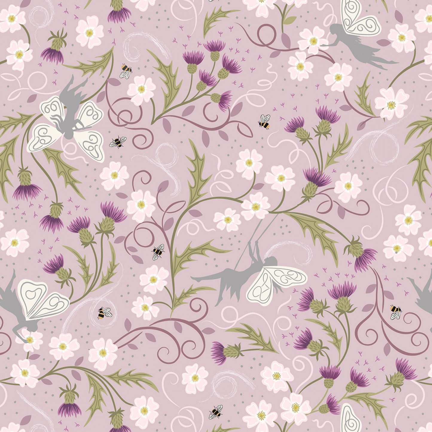 Celtic Faeries Fairies on Soft Heather w/Silver Metallic    A731.2 Cotton Woven Fabric
