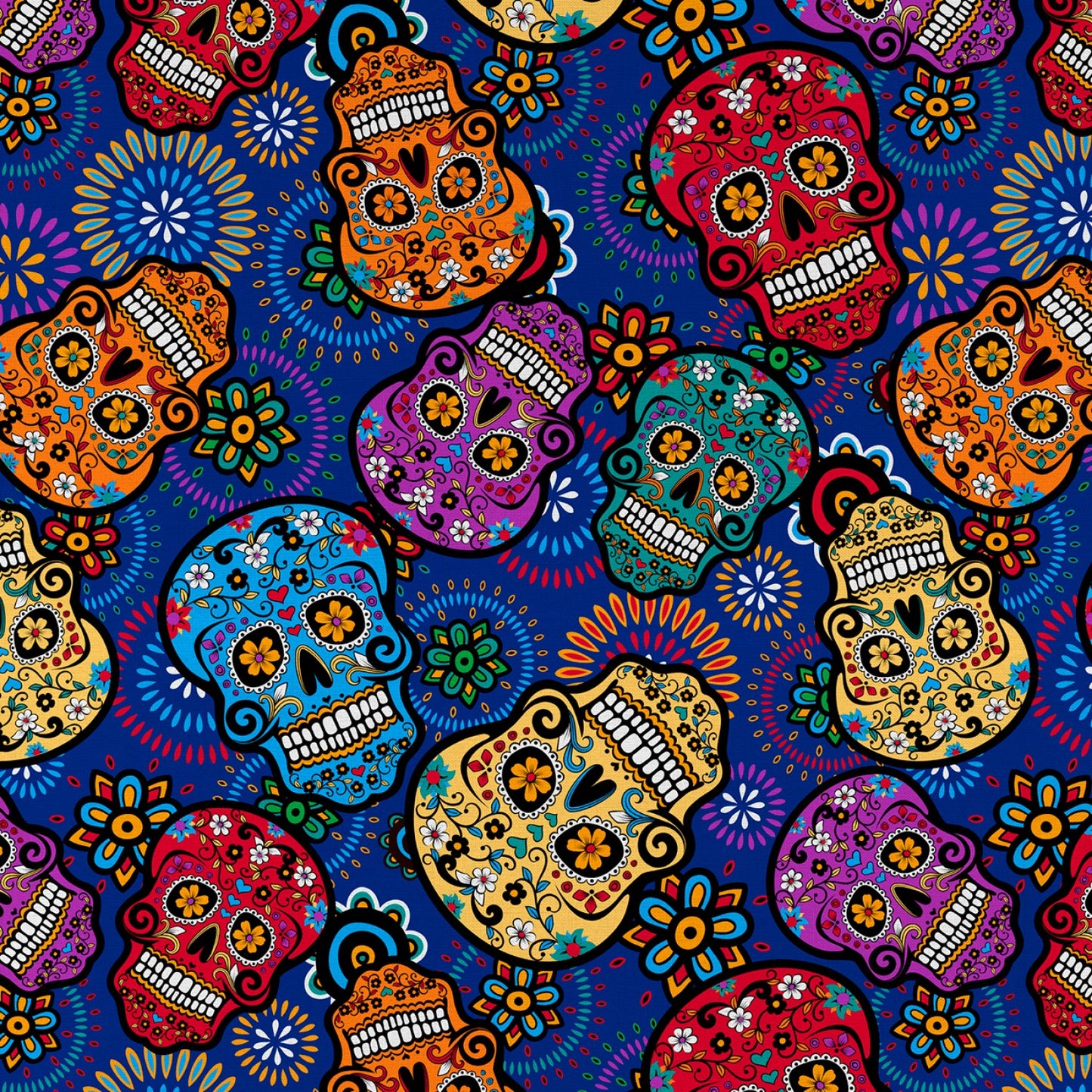 Skull Central Festival Skulls Blue    DX29471C2 Cotton Woven Fabric