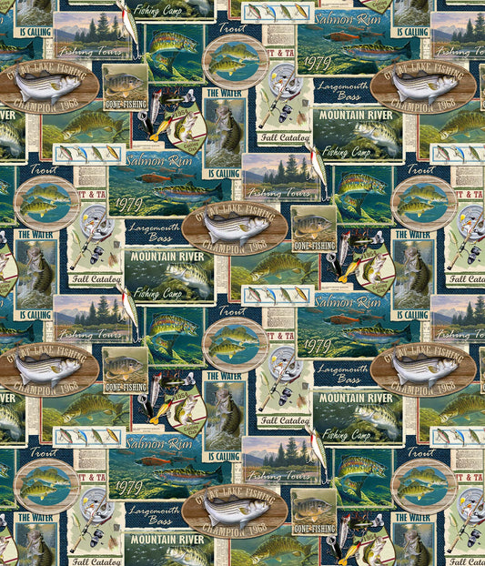 Hooked Digital Fish Labels    DP24459-49 Cotton Woven Fabric