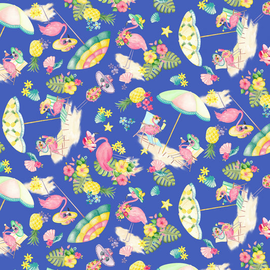 Fun in the Sun by Andi Metz Flamingo Paradise Medium Blue  12596B-52 Cotton Woven Fabric