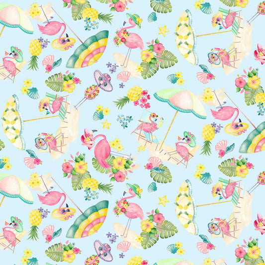 Fun in the Sun by Andi Metz Flamingo Paradise Sky Blue 12596B-50 Cotton Woven Fabric