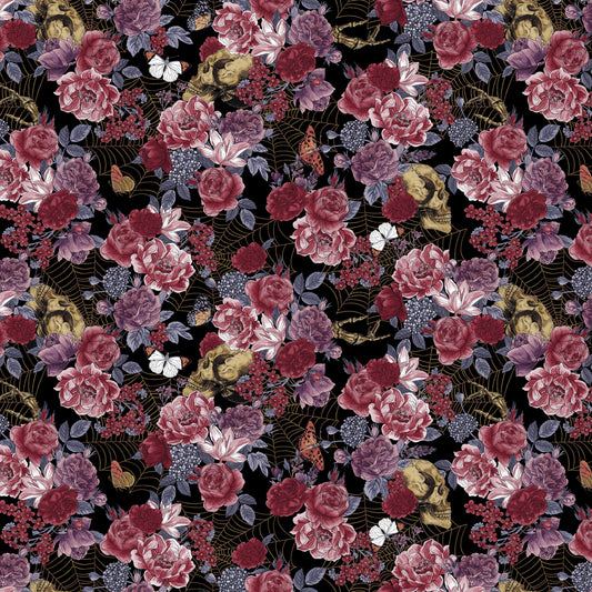 Bones Collection by Melissa Wang Floral and Bones Black 7113-99 Cotton Woven Fabric