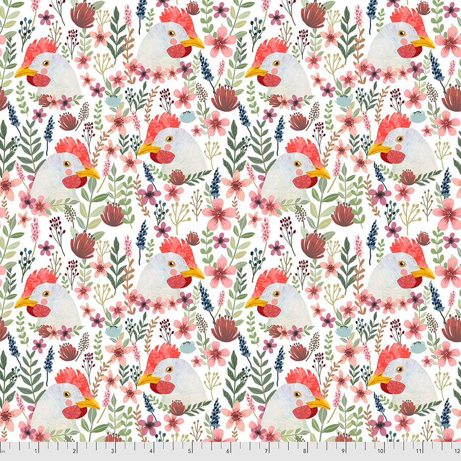 Farm Friends by Mia Chavro Floral Chicken White    PWMC009.XWHITE Cotton Woven Fabric