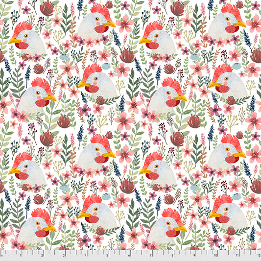Farm Friends by Mia Chavro Floral Chicken White PWMC009.XWHITE Cotton Woven Fabric