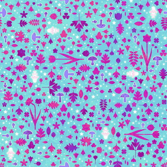 Pixies & Petals Glows in the Dark by Salt Meadows Studio Floral Icons Aqua 194G-12 Cotton Woven Fabric