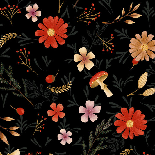 Midnight Flora by Melissa Lowry Floral Small Dark Black Y3388-115 Cotton Woven Fabric