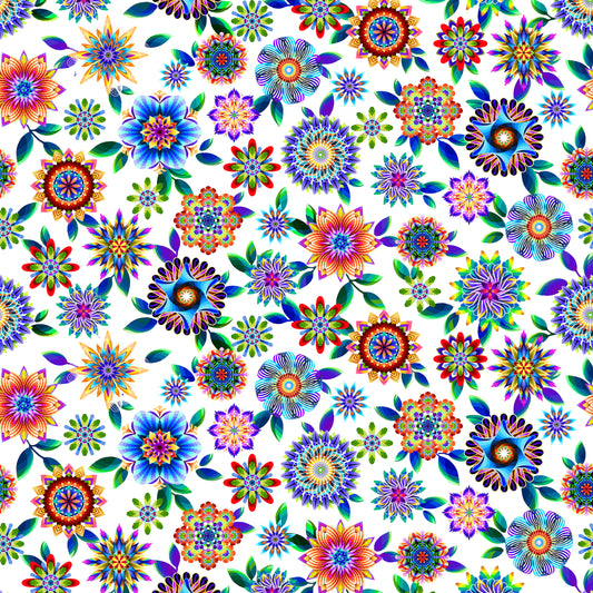 Fractal Flowers by Art Loft Digital Flower Allover White 6630-11 Cotton Woven Fabric