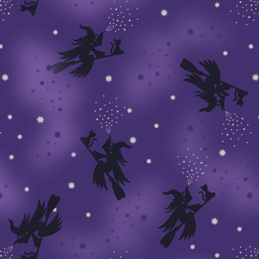 Cast A Spell Flying Witches Purple    A722.2 Cotton Woven Fabric