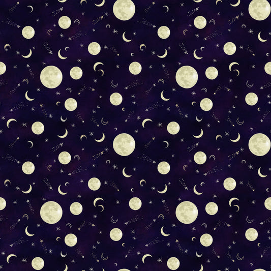 Midnight Rendezvous by Raquel Maciel Full and Crescent Moons Dark Purple    2902-59 Cotton Woven Fabric